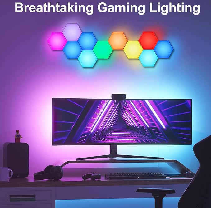 Hexagon LED Lights with Remote Control, Hexagon Wall Lights RGB Gaming LED Lights for Gaming Setup Touch Sensitive, DIY Geometry Modular LED Light Panels for Gaming Room Bedroom Streaming, 10 Pack