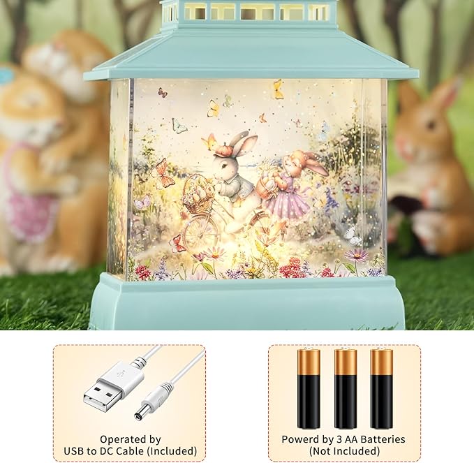 Easter Snow Globe Lantern Easter Decorations for The Home, Light up Easter Bunny Egg Decor with Timer, Glitter Spring Decorations Gift Holiday Table Top Decor