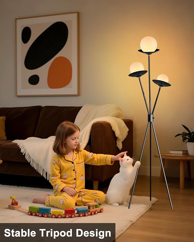 3 Globe Dimmable Tripod Floor Lamp, Mid Century Tree Floor Lamps with 3Pcs 3000K Bulbs Included, Modern Standing Tall Lamp for Living Room Bedroom Home Office Corner-Black