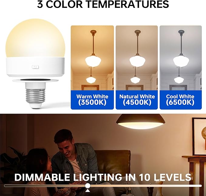 Rechargeable Battery Night Light Bulb: 3000mAh LED Bulb with Remote Control for Lamp, Wireless E26 USB Puck Light 400LM with Timer, 3 Color Temperature+12 RGB Color, Magnetic Camping Outdoor , 2pcs