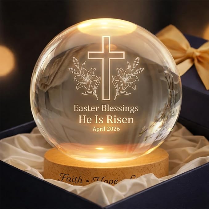 Christian Easter Cross Crystal Ball LED Night Light, He is Risen Engraved Glass Globe Lamp with Wooden Base, Faith Hope Love Religious Easter Blessing Gift April 2026 Decor