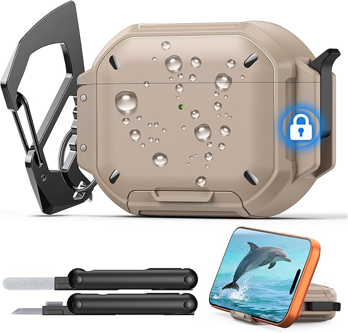 MoKo for AirPods Pro 3 Case with Secure Lock - IP68 Waterproof Case for iPods Pro 3, Military-Grade Protective Cover Earpods Pro 3 with Keychain, Phone Stand & Cleaner Kit, Khaki