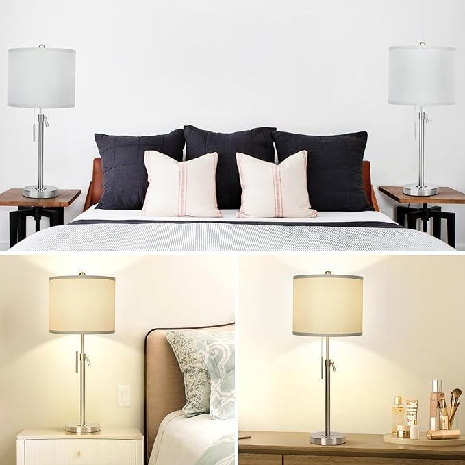 Brushed Nickel Table Lamps Set of 2: 22" to 30" Height Adjustable Nightstand Lamps with Grey Linen Shade Pull Chain Switch Silver Pole Beside Lamp for Living Room Bedroom (Brushed Nickel,Grey Shade)