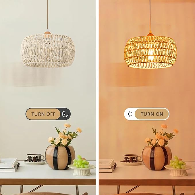 Rattan Pendant Light Fixture,Basket Chandelier Hanging Lights,Cream White Boho Drum Lighting Flush Mount Ceiling Lights Woven Wicker Chandeliers for Kitchen Dinning Room Hallway Bedroom