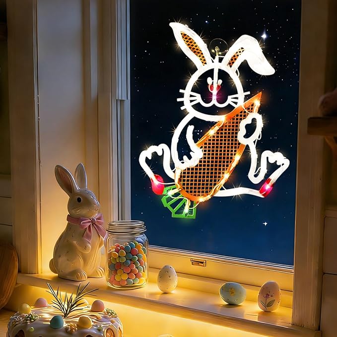17" 35LED Lighted Bunny with Carrot Easter Decor, Cute Warm Glow for Home, 120V Plug-in, UL Certified