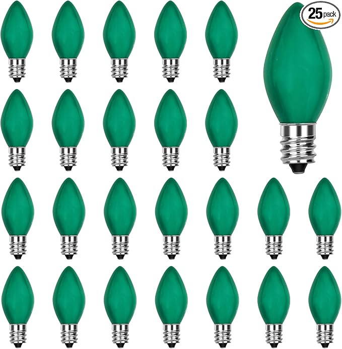 C7 Green Replacement Incandescent Light Bulbs, 5W C7 Vintage Edison Bulbs, C7 E12 Candelabra Base for Christmas String Light (25 Pack)