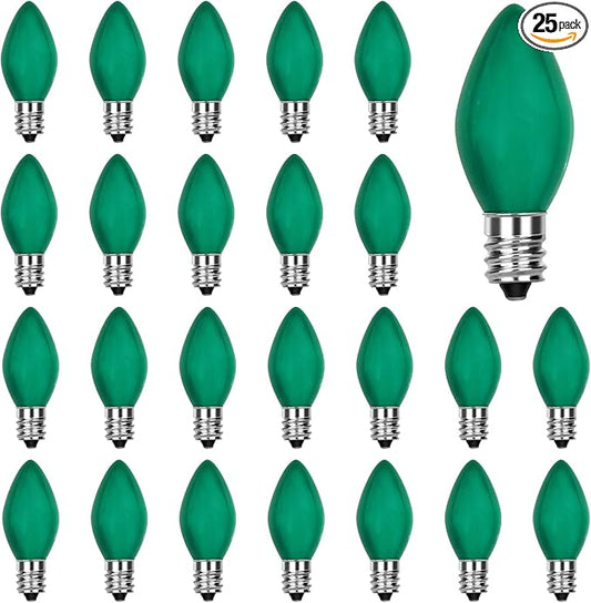 C7 Green Replacement Incandescent Light Bulbs, 5W C7 Vintage Edison Bulbs, C7 E12 Candelabra Base for Christmas String Light (25 Pack)