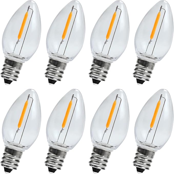 KLY LED Night Light Bulbs, C7 Shatterproof Replacement Led Bulb for String Light, E12 Base Salt Lamp Bulbs, 0.6W Equivalent to 7W, Warm White 2200K, 50LM, 8 Pack