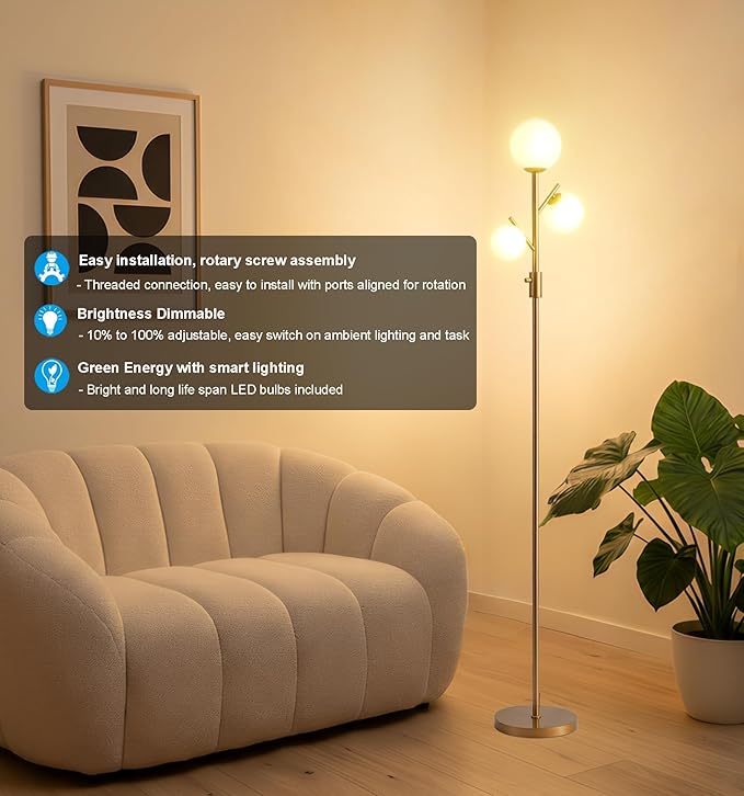 Fiqevs Mid Century Modern 3 Globe Tree Floor Lamp - Dimmable LED Standing Lamp with Bulbs, Warm Light for Living Room Bedroom Office - Antique Brass/Gold