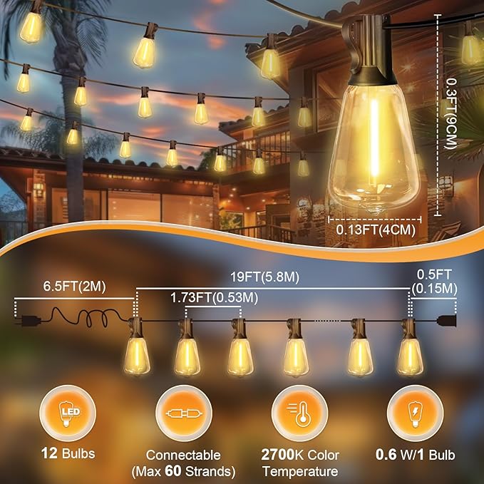 LAMPHOME Outdoor String Lights, 26FT Patio Lights with 12+1 ST38 LED Edison Bulbs (1 Spare), Connectable String Lights for Outside, Dimmable Hanging Light for Backyard Porch Decor, Warm White