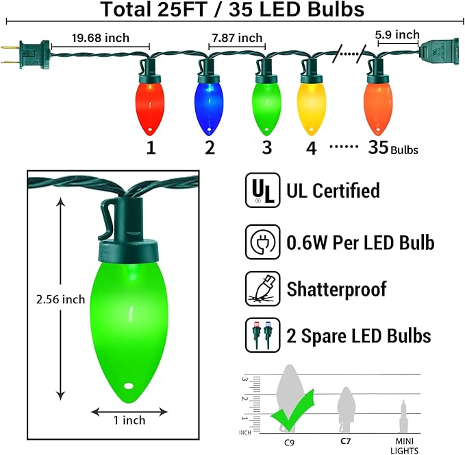 Xmas Decorations - 25Ft Multicolor C9 LED Christmas Lights Outdoor Waterproof, Plug in LED C9 Christmas Lights for House Tree Mantel Yard Indoor Outdoor Xmas Decor, 35 Shatterproof Bulbs, 0.6W