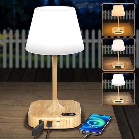 Lightbiz Outdoor Table Lamp, Shower Lamp with 8000mAh Cordless Rechargeable Battery, IP55 Waterproof, 3 Colors & 5 Brightness, Dimmable LED Display Bath Lamp for Camping,Bedroom,Patio,Bathroom(Wood)