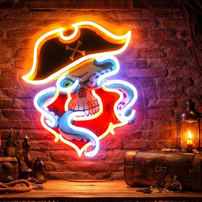 Pirate Octopus Neon Sign with Printed Backboard, LED Neon Wall Light for Man Cave, Bar & Game Room Decor, Cartoon Sea Monster Wall Art,Holiday Birthday Gifts
