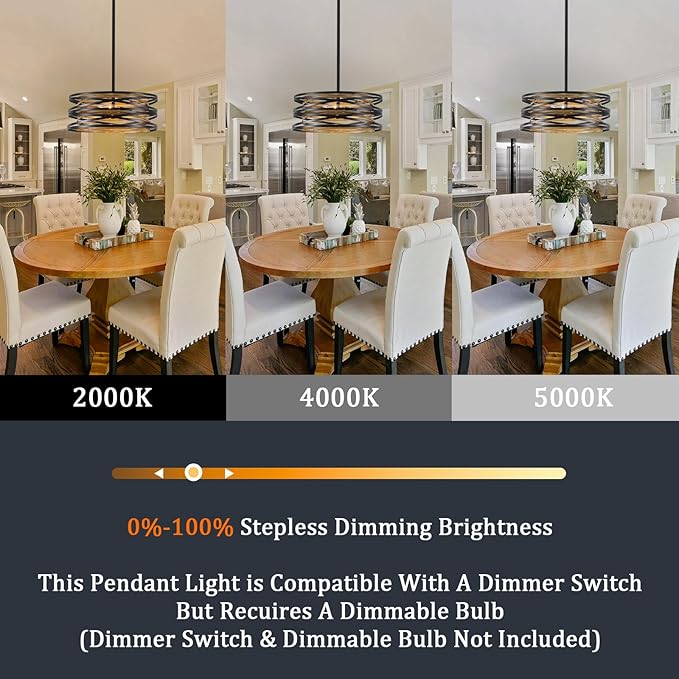 Farmhouse Semi Flush Mount Ceiling Light, Black and Wood Grain Kitchen Island Hanging Pendant Lighting for Dining Room Bedroom Bar Office, Industrial