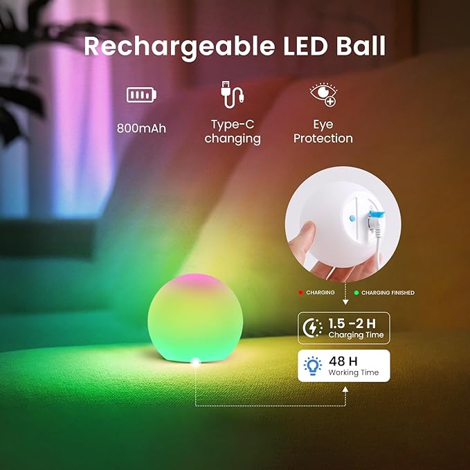 LOFTEK LED Ball Light, 3-inch Rechargeable Globe Lights, Color-Changing Ball Lamp with Remote, Waterproof Orb Light, Smart Sphere Night Light for Home Bedroom Pool Decor, Xmas Gift, 2 Pack