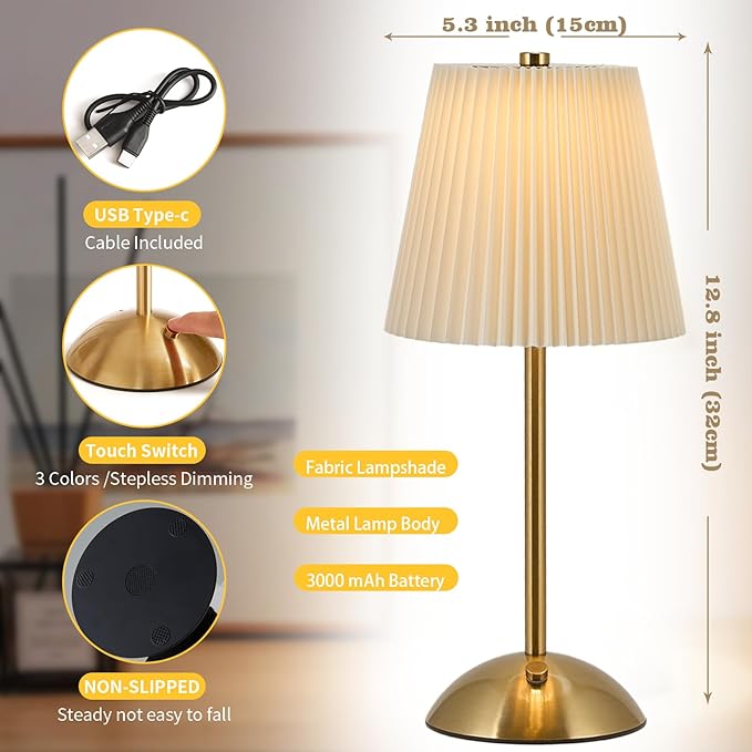 2-Pack Cordless Rechargeable Table Lamp 3-Color Dimmable Touch Control, 3000mAh Battery Operated Portable Light Beige Fabric Shade for Bedroom, Living Room, Office, Nursery, Bathroom