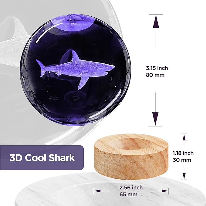 3D Shark Crystal Ball Night Light with Remote Upgraded 3.15 in Shark Glass Ball Table Lamps with 16 Color Led Wooden Base for Birthday Xmas Cool Shark Figurines Room Decor Gifts for Kids Teen
