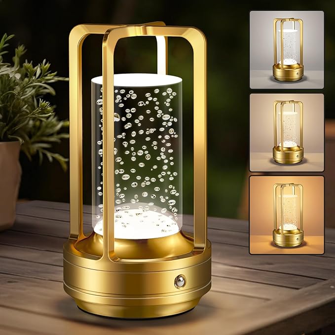 Portable Table Lamp for Outdoor Indoor: Cordless Rechargeable Desk Lamp with 3 Color Stepless Dimmable - Metal Battery Operated Lantern Light for Bedroom/Bar/Coffee Shop/Camping (Gold (Bubble))