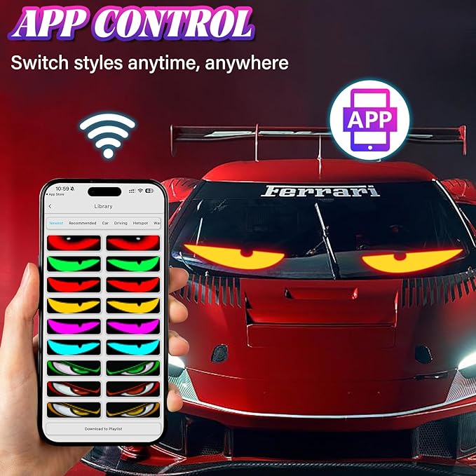 Devil Eyes for Car Windshield 14.7" x 3.6"- Dynamic RGB Car Accent Lights, Wireless App Control & DIY Text- Easy Peel-and-Stick Installation Warning Lights Universal Fit for Cars, Trucks