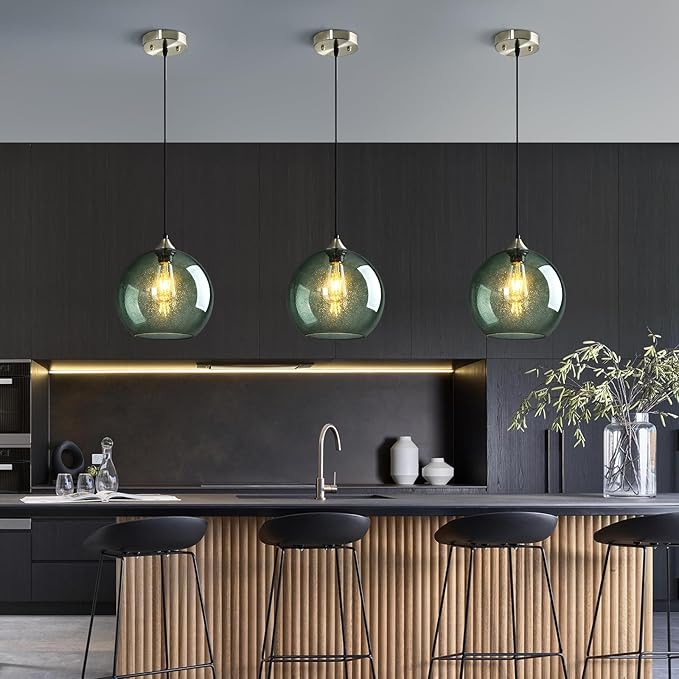Gray Green Glass Pendant Lights Kitchen Island Lighting Globe Pendant Light Fixtures Modern Pendant Lighting for Kitchen Island Bedroom Living Dining Room Light Fixture(9.84in, 1-Pack)