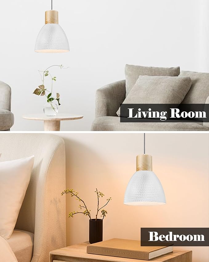 ELYONA Hammered Pendant Lights for Kitchen Island, Solid Wood Hanging Light Fixtures, Industrial Metal Pendant Light Fixtures for Bar, Dining Room, Bedroom, Office, Modern White,Small