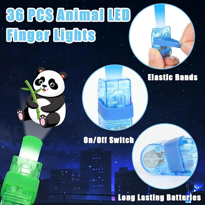 36Pcs Animal LED Finger Lights Animal Party Favors Glow in the Dark Light Up Finger Lights Toys Bulk for Birthday Party Favors Treasure Box Goodie Bag Stuffer Birthday Gifts Classroom Prize