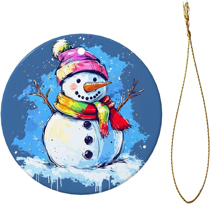 Christmas Cartoon Colorful Snowman Christmas Ornaments, Christmas Decorations Xmas Tree Hanging Ornaments, Round Ceramic Festive Keepsake Gift for Xmas Decorations Holiday Home Decor