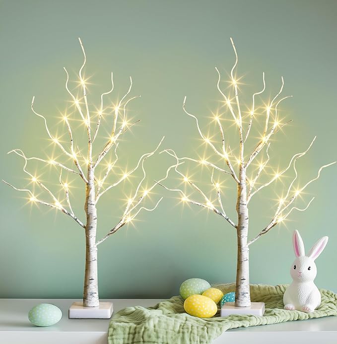 PEIDUO Easter Decorations, 2FT Birch Tree with LED Lights, Warm White Light up Tree Lamp, Easter Tree for Home Table Inside, Easter Decor Indoor, Battery Powered, Timer (2PK)