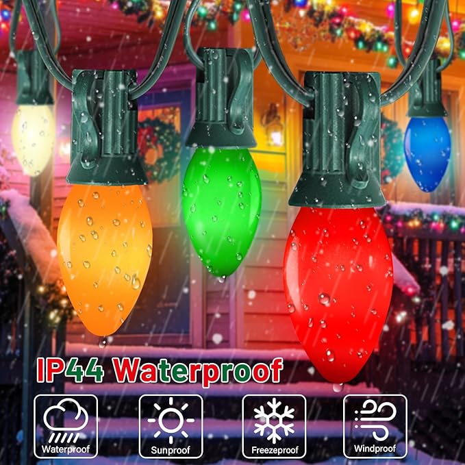 C7 LED Multicolor Christmas Lights Outdoor, 25Ft Vintage Christmas Lights String With 27 LED Ceramic Bulbs (2 Spare Bulbs), Hanging Light for Indoor Outdoor Xmas Tree Home Yard Party Decor, Green Wire