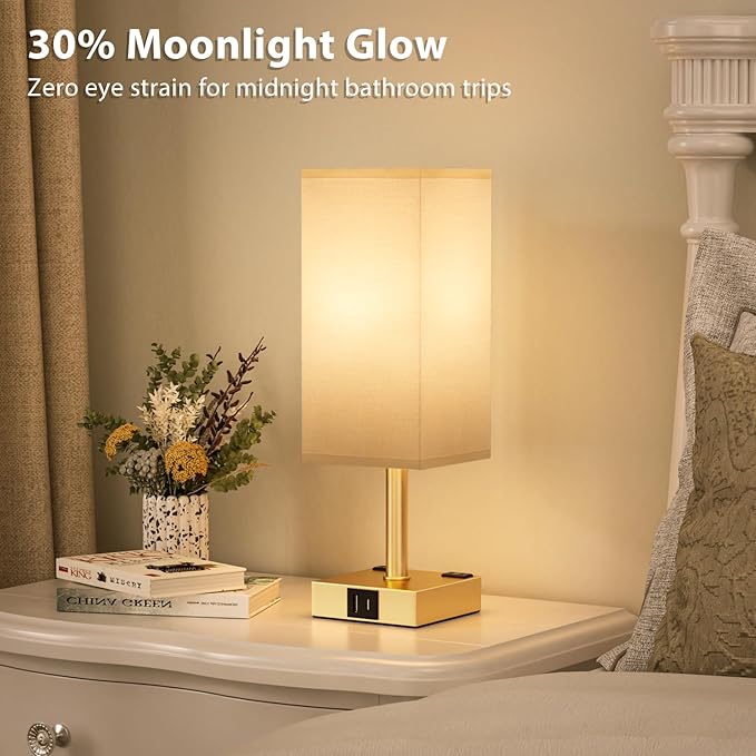 aooshine Gold Base Touch Lamps Set of 2 - Nightstand Lamp with USB-C + A Charge Ports & AC Outlets, 3-Way Dimmable Bedside Lamp, Small Table Lamp Light for Bedroom (Bulb Included)