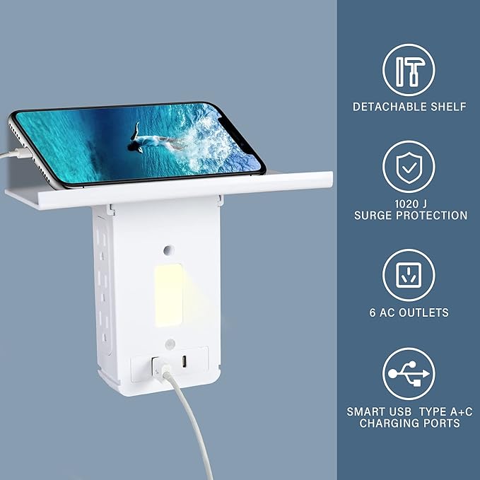 Wall Outlet Extender Outlet with Smart Night Light-2 Pack, Surge Protector Multiple Wall Plug with USB A+C Ports (3.4A Total), 6 AC Outlets, Removable Outlet Shelf, Compatible with GFCI, 1020J