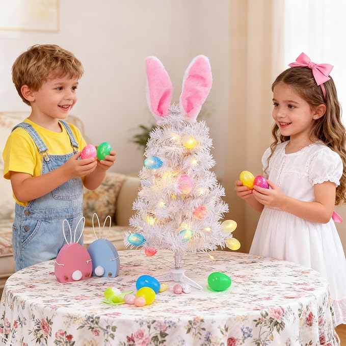 Dynaming 2 Pack Easter Table Decorations, 23 Inch Lighted Easter Bunny White Tree, Pre-lit Artificial Tabletop Tree with Ears & Eggs, Battery Operated Light Up for Indoor Spring Home Bedroom Decor