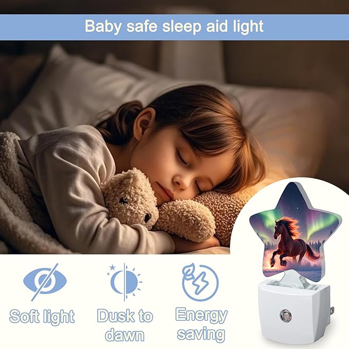 Winter Horse Nightlight,Aurora Forest Star Night Lights Plug into Wall Decorations for Bedroom Bathroom,Dusk to Dawn Sensor Kitchen Hallway Stairs Energy Efficient Desk Lamp