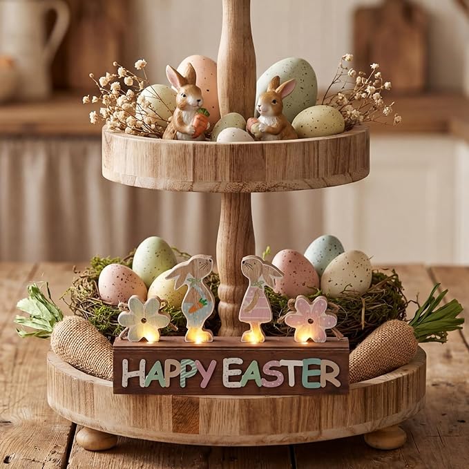 Yousoontic Light up Happy Easter Sign Wooden Easter Bunny Decoration for Home Neutral Bunny Block Rustic Farmhouse Holiday Decorations for Home Dining Room Kitchen Spring Decor