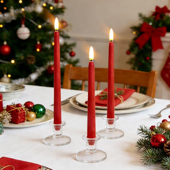 Red Flameless Taper Candles with Remote, Flickering LED Candlesticks Battery Powered Valentines Day Decor Set of 12