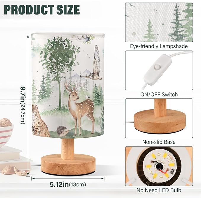 Bedside Table Lamp Woodland Animals Nightstand Lamp with Wood Forest Deer Owl Lynx Hedgehog Ermine Tree Desk Lamps for Bedroom Living Room Nursery Office Home Decor