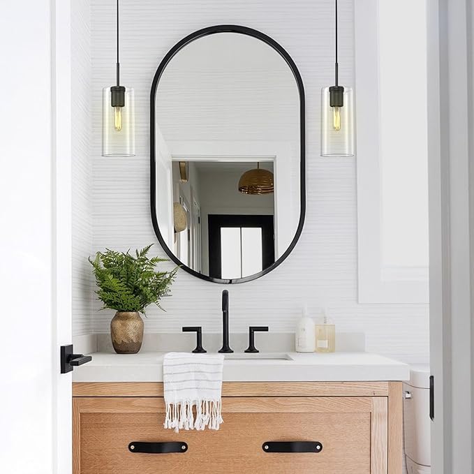 Modern Black Pendant Lights Kitchen Island 2 Pack Glass Pendant Light, 9.5in Farmhouse Clear Glass Cylinder Pendant Light Kitchen Pendant Lighting Over Island for Sink, Bathroom, Bar,Dining