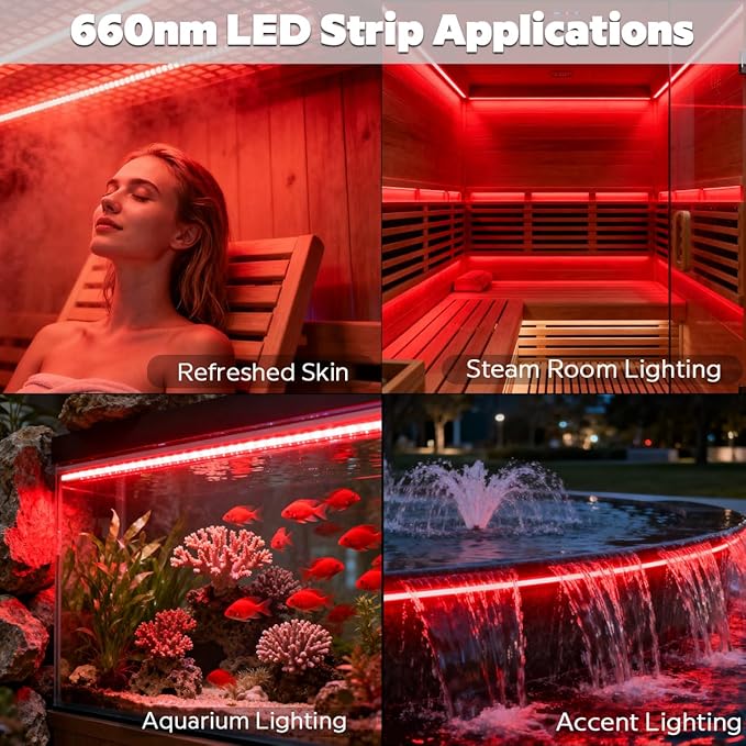 660nm Red Light Sauna LED Strip, Heat-Resistant IP68 Waterproof Flexible LED Tape Light, 24V 600 LEDs 5m/16.4Ft for Relaxation and General Lighting Use (660nm Red)