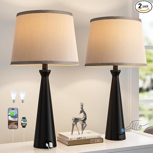 Seealle Modern Table Lamps Set of 2 - Touch Bedside Lamp for Nightstand with USB C+A,3-Way Dimmable Black Nightstand Lamps for Living Room Bedroom End Table with Grey Shade(Bulb Included)