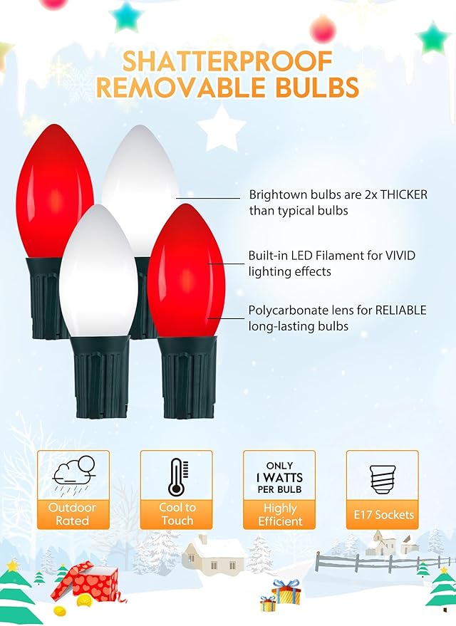 Vintage C9 LED Christmas Lights Outdoor, 100 Feet C9 String Light with 50 Shatterproof C9 Bulbs, Waterproof Connectable Christmas Tree Lights for Outside Roofline Patio Xmas Decor, Red & Pure White