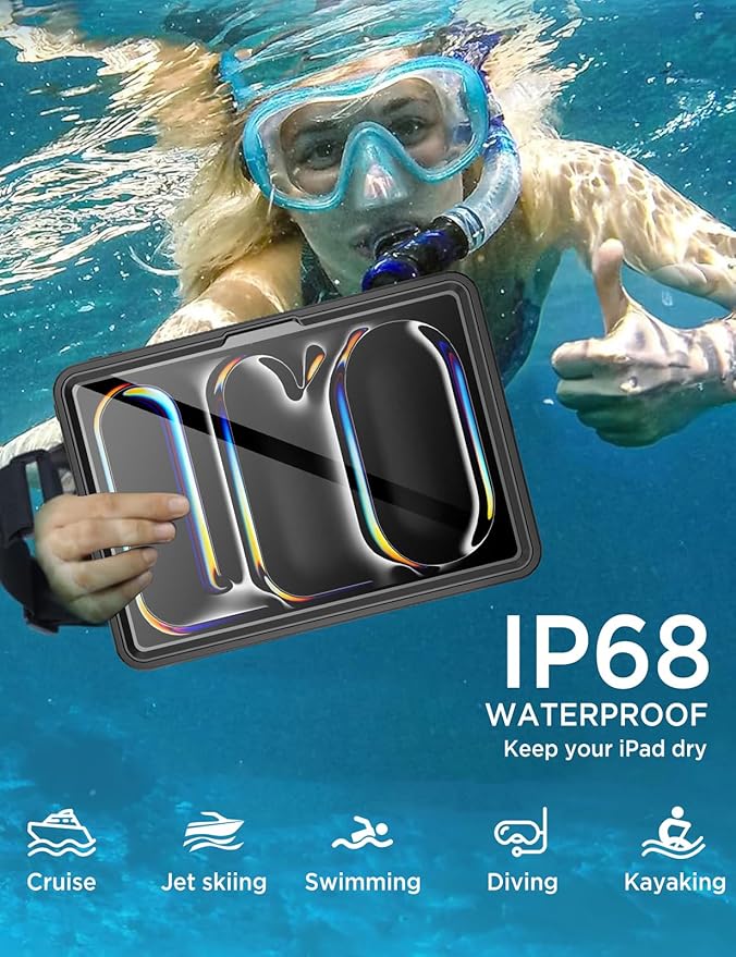 Miimall Waterproof Case for iPad Pro 13 inch 2024 M4, IP68 Waterproof Clear 360 Full-Body Ultra-Thin, Built-in Screen Protector, Shockproof Dust/Snow Proof Waterproof for iPad Pro 13 inch, Black