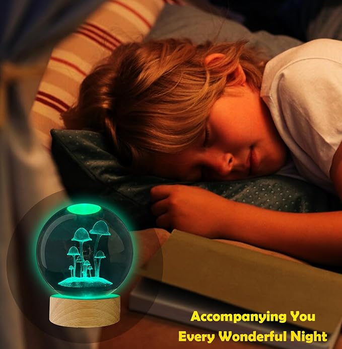 Catta Mushroom Night Light Gifts for Women, 16 Colors Cottagecore Mushroom 3D Engraved Crystal Ball Night Light for Bedroom Decor, 3.15Inch(16 Colors, Remote Control)
