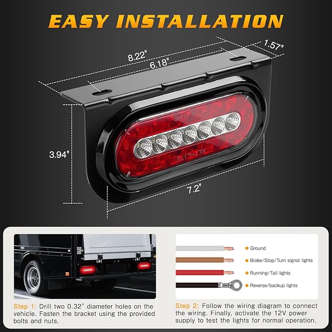 Cyfie LED Trailer Light Boxes, 2PCS 6 Inch Oval Tail Lights Waterproof Brake Stop Turn Reverse Back Up Side Marker Lights with Flush Mount Grommets Mounting Brackets for Truck RV Boat Bus Tractor