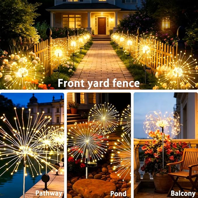 Solar Fireworks Lights for Outside, 150LED 8 Modes Fireworks Solar Lights Outdoor, Fairy Garden Flowers for Yard Pathway Wedding Party Christmas Diwali Garden Decor 6Pack (Warm White)