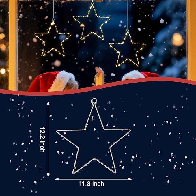 80 LED Star Christmas Decorations Lights Indoor, 3 Packs Battery Operated Hanging Cozy String Lights with Timer, 8 Modes Warm White Outdoor Christmas Decorations