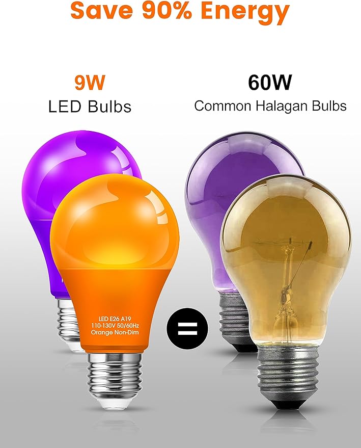 Orange Light Bulbs Purple Light Bulbs [4 Pack] - A19 LED Orange Bulb Purple Bulb 9W (60W Equivalent) - E26 Base Outdoor for Halloween Party Porch Holiday Decor