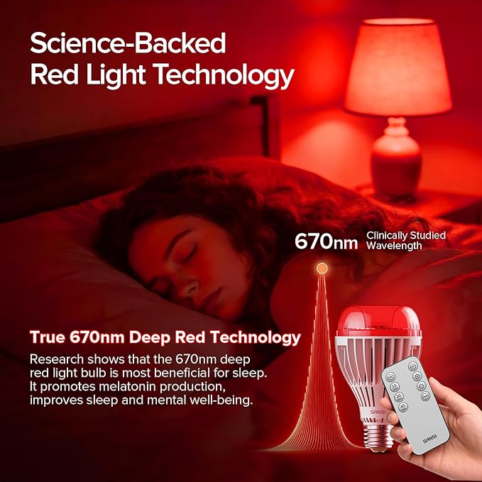 SANSI 670nm Red Light Bulb for Sleep Therapy with Remote Timer, Dimmable, Zero Blue Light for Melatonin Promoting, Dual Mode Natural Sleep Aid & 3000K Reading Light, 25W A21 E26 Red Light for Bedroom
