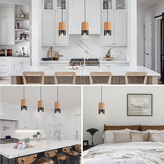 2-Pack Modern Pendant Lights for Kitchen Island, Adjustable Black Pendant Light Fixtures with Raw Wood Grain, Industrial Glass Pendant Lights for Dining Table Hallway Bedroom Living Room