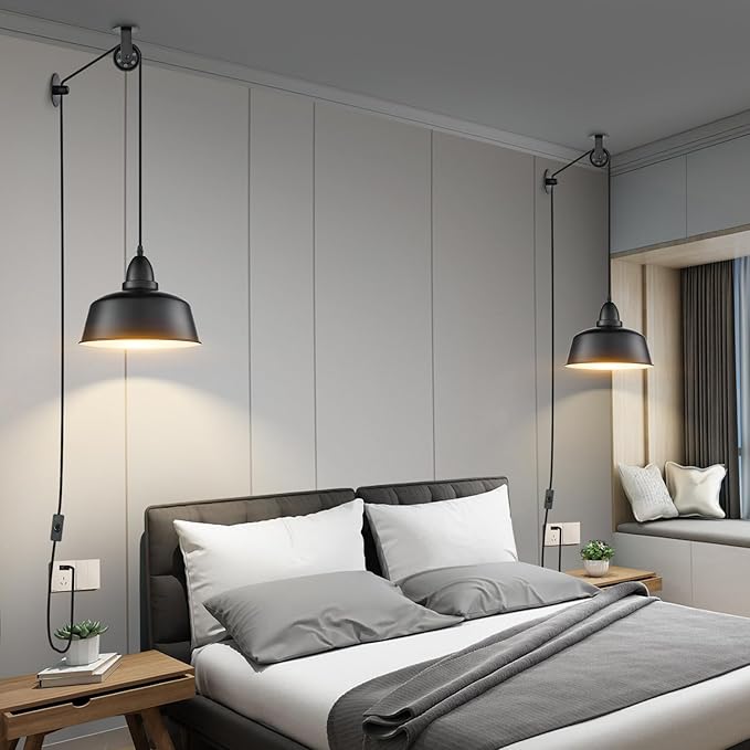 Plug in Pendant Light, Farmhouse Hanging Lights with Plug in Cord, Pulley Hanging Lamp, Black Industrial Pendant Lights Fixture for Kitchen Island, Bedroom, Dining Room, Living Room, Office