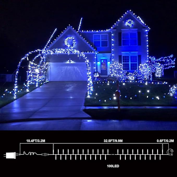LAMPHOME Blue White Christmas Mini Lights, 32.5FT 100 LED Clear Bulbs String Lights with 16 Light Modes, Fairy Lights Plug in for Outdoor Xmas Trees Garland Wreath Holiday Decorations